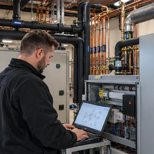 Engineer working at an HVAC automation control cabinet