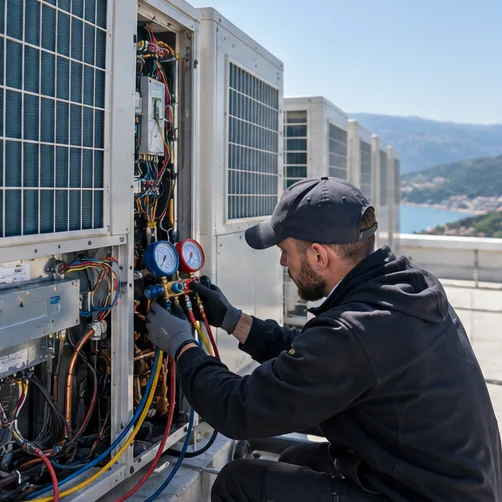 Engineer testing a VRF outdoor air conditioning unit